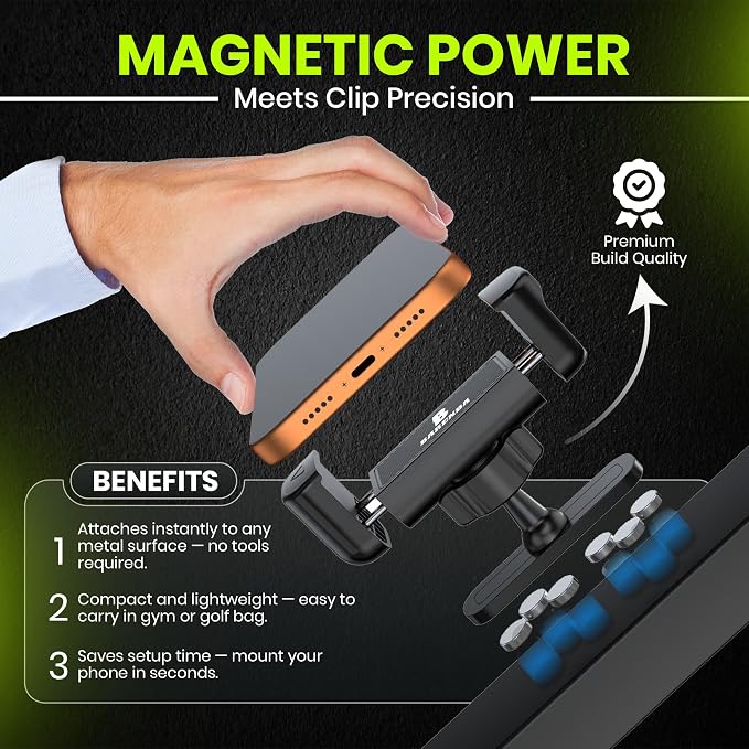Magnetic Phone Holder for Gym with N52 Magnet and Secure Clip, Strong Magnetic Phone Mount for All Phones, Attaches to Metal Surfaces, Portable Gym Accessories for Men & Women, Secure Grip