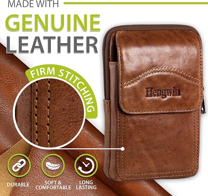 Hengwin Leather Cell Phone Holster Fit for iPhone 17 Pro Max 16 Pro Max 15 Pro Max 14 Pro Max Samsung Galaxy S25 Ultra S24/S23 Ultra Belt Pouch Shoulder Bag Crossbody Purse Case with Belt Clip (Brown)