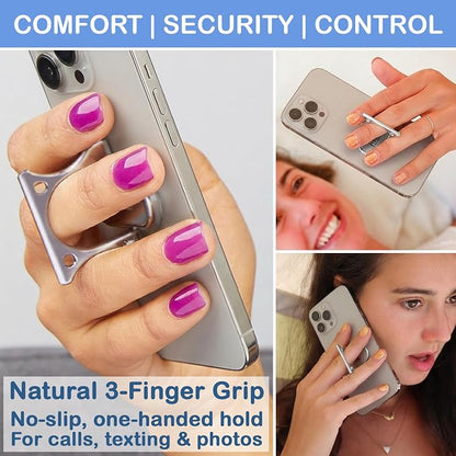 Patented 3-Finger Phone Grip & Stand - Comfortable & Secure Loop Holder for iPhone & Android - Ultra-Slim Zinc Alloy - Magnetic Mount Ready - Cell Phone Ring Alternative [Silver Matte]