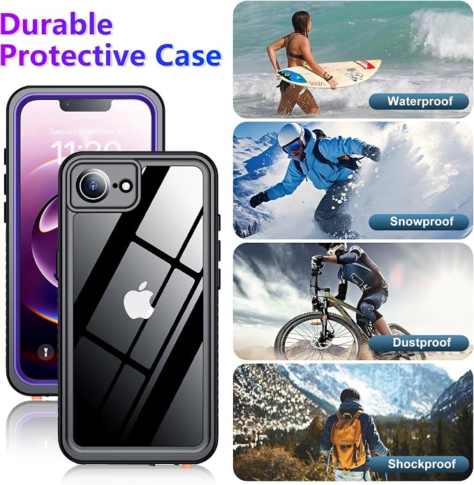 Temdan Compatible with iPhone 16e Case Waterproof, Built-in Screen & Camera Protector IP68 Underwater Full Body 16FT Military Dropproof Shockproof Phone Case for iPhone 16e 6.1"-Purple/Clear