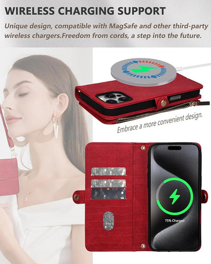 Crossbody Wallet Case for iPhone 16 Pro Max with Mirror, Wrist Strap, Zipper Purse Magnetic Flip RFID Blocking Card Holder, Wireless Charging, PU Leather Shockproof 6.9" Women (Red)