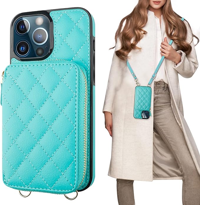 Bocasal Crossbody Wallet Case for iPhone 13 Pro Max, RFID Blocking PU Leather Zipper Handbag Purse Flip Cover, Kickstand Folio Case with Card Slots Holder Wrist Strap Lanyard 5G 6.7 Inch (Mint Green)