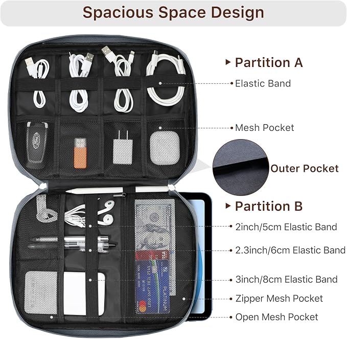 Dadanism Electronics Travel Organizer Case, Double Layers Cord Organizer | Travel All-in-One Storage Bag for Cable, Cord, iPad, Chargers, fits 9-11'' Tablets, Portable Tech Accessories Bag, Space Gray