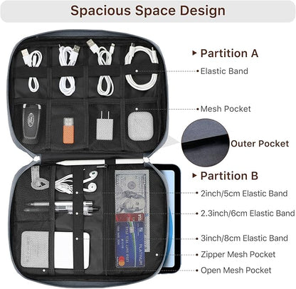 Dadanism Electronics Travel Organizer Case, Double Layers Cord Organizer | Travel All-in-One Storage Bag for Cable, Cord, iPad, Chargers, fits 9-11'' Tablets, Portable Tech Accessories Bag, Space Gray