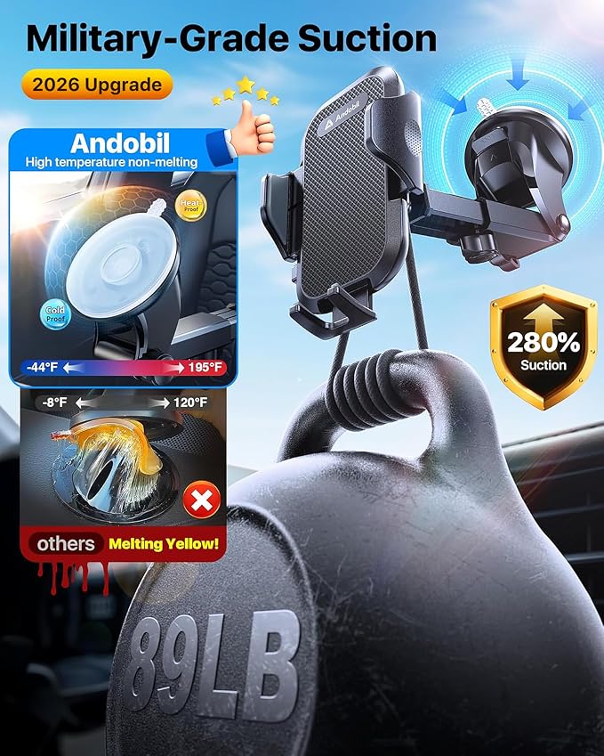 andobil 2026 Military-Grade Car Phone Holder [Upgraded Strongest Suction & Clip] Phone Holders for Your Car, Dashboard Windshield Vent Car Phone Mount for iPhone 17 Pro Max 16 15 14 13 12 Android