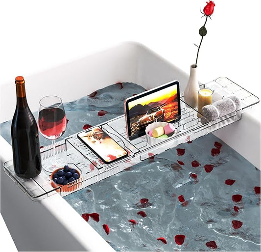 Yieach Luxury Tub Tray for Bathtub Expandable,Clear Bath Shelf Over Tub and Acrylic Bathtub Tray,Plastic Bath Board & Table,Bath Caddy Tray & Accessories for Mothers,Mom and Women Relaxing Spa Gifts