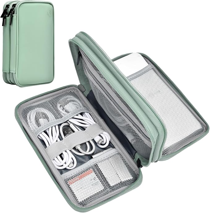 Portable Charger Organizer Travel Case Shockproof Power Bank Bag for Anker/Jackery/RAV/20000mAh Power Bank Leather Waterproof Electronic Case for PowerCore (Light Green, Double Layer)