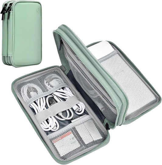 Portable Charger Organizer Travel Case Shockproof Power Bank Bag for Anker/Jackery/RAV/20000mAh Power Bank Leather Waterproof Electronic Case for PowerCore (Light Green, Double Layer)