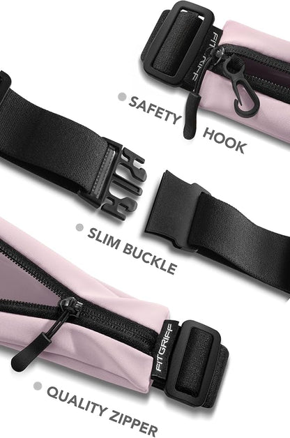Fitgriff® Running Belt V2 for Men & Women - Slim Fanny Pack, Phone Holder for Jogging, (Fits All Cell Phones) - Money Belt, Runners Waist Pouch (Blush Pink, One Size (Waist 24.4 – 43.3 inches))
