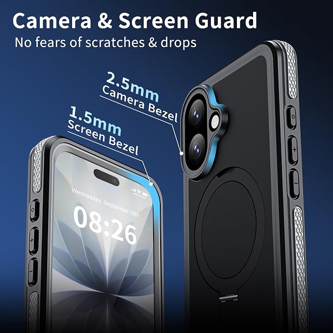 ANTSHARE Magnetic for iPhone 17 Case Waterproof, Built in Screen Protector [Compatible with MagSafe] [Invisible Stand] [IP68 Underwater], Full Body Protection Phone Case 6.3'', Black