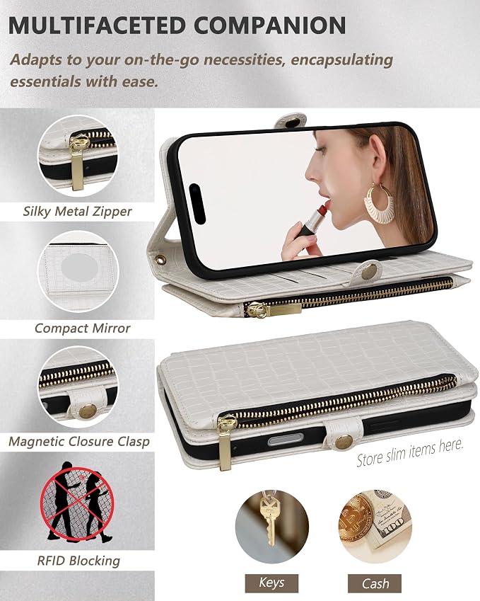Crossbody Wallet Case for iPhone 17 Pro Max with Mirror, Wrist Strap, Zipper Purse Magnetic Flip, RFID Blocking Card Holder, Wireless Charging, PU Leather Shockproof 6.9" Women (White)