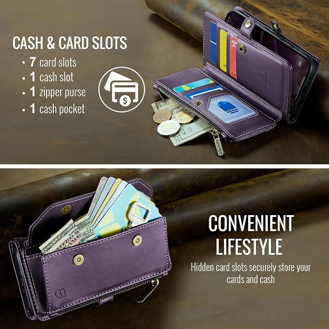 Strapurs Wallet Case Compatible with iPhone 16 6.1" RFID Blocking 7-Card Holder Soft PU Leather Magnetic Snap Shoulder Strap Zipper Pocket Phone Case Fit for iPhone 16 for Women - Purple