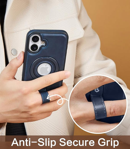 for iPhone 16 Plus Leather Case with Stand, Anti-Slip Grip Ring, Fits for MagSafe (Blue, iPhone 16 Plus)