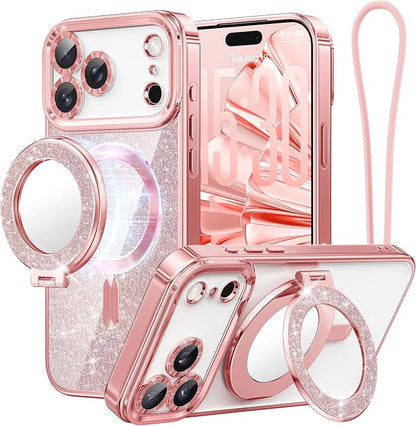 Meifigno Magnetic Case Designed for iPhone 17 Pro Max with Removable Phone Ring Stand, Glitter Card & Wrist Strap, Compatible with MagSafe, Built in Mirror, Phone Ring Holder + Case Kit, Rose Gold