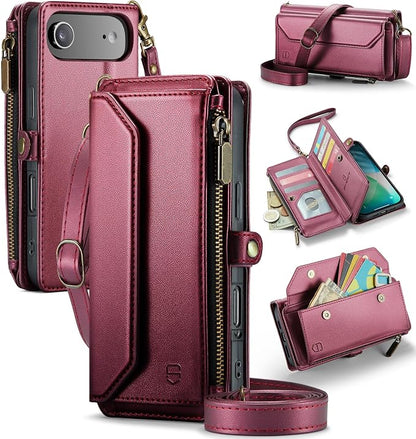 Strapurs Wallet Case Compatible with iPhone Air 6.5" RFID Blocking 10-Card Holder Soft PU Leather Magnetic Snap Shoulder Strap Zipper Pocket Phone Case Fit for iPhone 17 Air for Women - WineRed