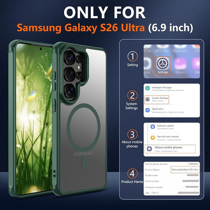 Pilaru for Samsung Galaxy S26 Ultra Case [Compatible with Magsafe] Translucent Matte Magnetic Phone Case,Slim Thin Duty Shockproof Protection Cover with 2pc HD Screen Protector for S26 Ultra-Green