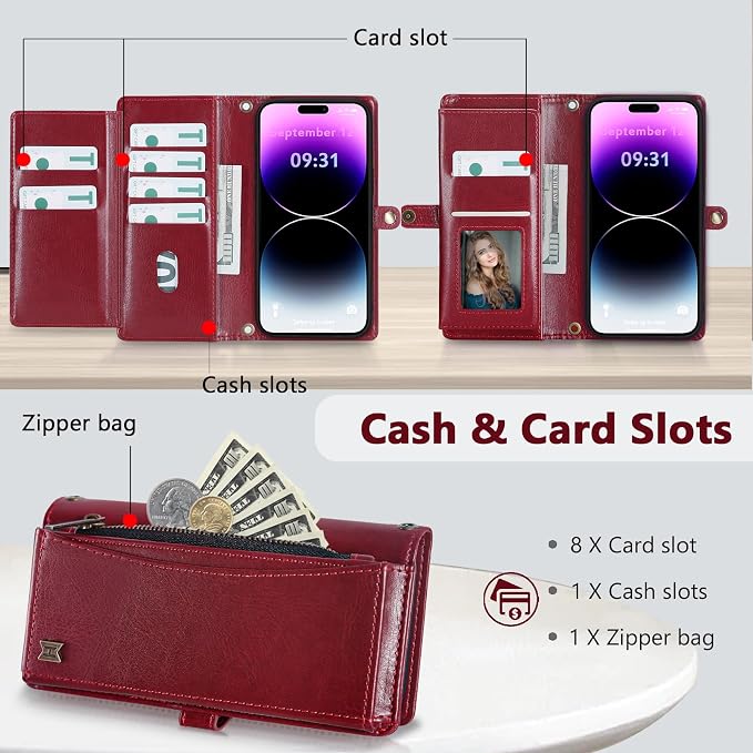 Wallet Case for iPhone 14 Pro Max with Card Holder/Crossbody Wallet/Strap| RFID Blocking | Magnetic | Kickstand | Detachable | PU Leather Phone Case for iPhone 14 Pro Max,6.7 in,Wine Red