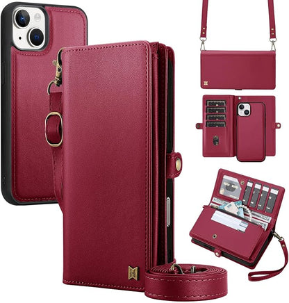 for Wallet Case Compatible with iPhone 14,Multi-Function Detachable 2 in 1 Magnetic iPhone 14 Case Wallet,Flip Strap Zipper Card Holder Phone Case with Shoulder Straps (Red)
