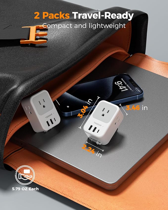 TESSAN European Travel Plug Adapter, 2 Pack | Built-in 20W Retractable USB-C Cable, Type C Power Adapter, 3 AC Outlets 4 USB Ports