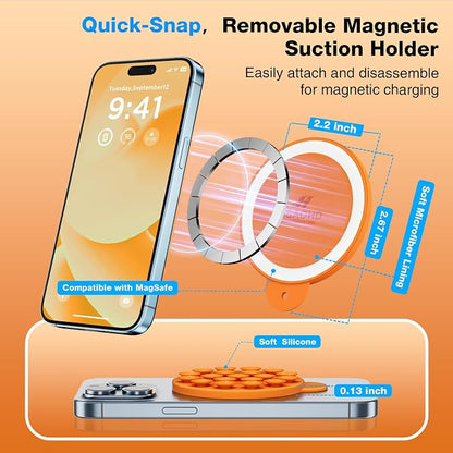 Magnetic Suction Cup Phone Mount with MagSafe, Silicone Hands-Free Grip Holder for iPhone Case and Android, Mirror Shower Phone Stand for Makeup FaceTime Gym Kitchen Bathroom, Orange