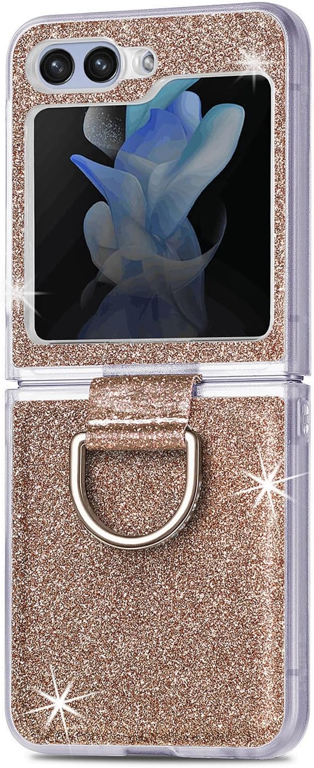 Bling Glitter Case for Samsung Galaxy Z Flip 6 with Ring Holder,Women Girls Cute Phone Case Non Slip Ultra Slim TPU Bumper Shockproof Protective Case for Galaxy Z Flip 6 5G 2024,Gold