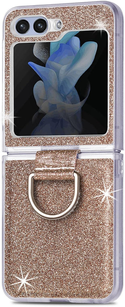 Bling Glitter Case for Samsung Galaxy Z Flip 6 with Ring Holder,Women Girls Cute Phone Case Non Slip Ultra Slim TPU Bumper Shockproof Protective Case for Galaxy Z Flip 6 5G 2024,Gold