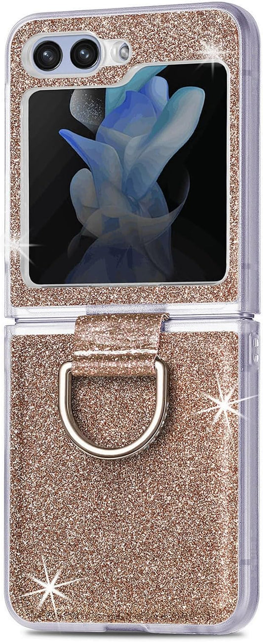Bling Glitter Case for Samsung Galaxy Z Flip 6 with Ring Holder,Women Girls Cute Phone Case Non Slip Ultra Slim TPU Bumper Shockproof Protective Case for Galaxy Z Flip 6 5G 2024,Gold