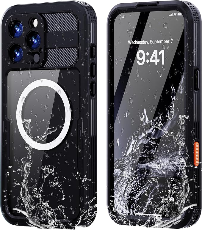 Omio for iPhone 16 Pro Max Waterproof Case Compatible with MagSafe, Magnetic Waterproof Full Body IP68 Underwater Case Built-in Screen Protector Military Grade Shockproof Case for Men Women Black