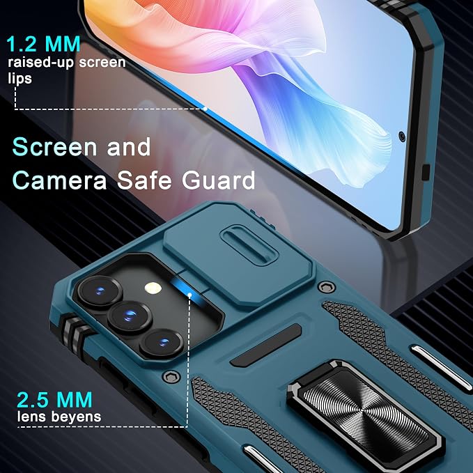 DEERLAMN Case for Samsung Galaxy S25 FE 6.7-Inch with Slide Camera Cover+Screen Protector(1 Pack), Rotated Ring Kickstand Military Grade Shockproof Protective Cover-Light Blue