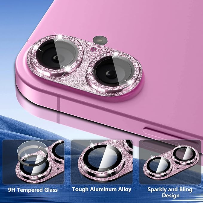 Camera Lens Protector for iPhone 16/iPhone 16 Plus, Bling Glitter Camera Cover with 9H Tempered Glass Metal Ring, Anti-Scratch Camera Protector for iPhone 16/iPhone 16 Plus (Glitter - Pink)