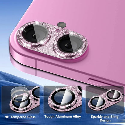 Camera Lens Protector for iPhone 16/iPhone 16 Plus, Bling Glitter Camera Cover with 9H Tempered Glass Metal Ring, Anti-Scratch Camera Protector for iPhone 16/iPhone 16 Plus (Glitter - Pink)