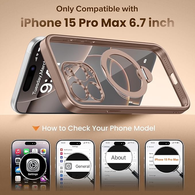 GolbinBox for iPhone 15 Pro Max Case with 360° Spin Magnetic Stand,[Compatible with Magsafe] [Military Protection][Built-in Ring Holder] Shockproof Phone Case for 15 Pro Max,Desert Titanium/Clear