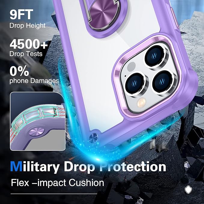 GOLDJU 4 in 1 for iPhone 14 Pro Max Case, Heavy Duty Protective Case with [360°Rotatable Magnetic Stand]& [2P 9H Tempered Glass Screen Protector]& [1P Camera Lens] Clear Hard Back 6.7’’ 2022(Violet)