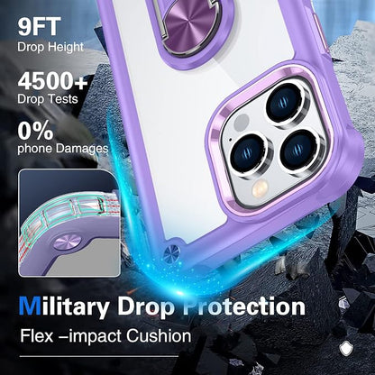 GOLDJU 4 in 1 for iPhone 14 Pro Max Case, Heavy Duty Protective Case with [360°Rotatable Magnetic Stand]& [2P 9H Tempered Glass Screen Protector]& [1P Camera Lens] Clear Hard Back 6.7’’ 2022(Violet)