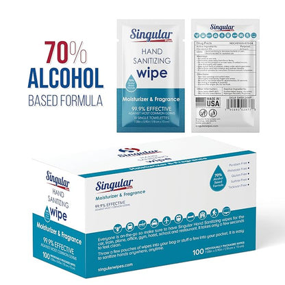 Hand Sanitizing Wipes Travel Size by Singular Wipes – 100ct Individually Wrapped | Fresh Citrus Scent, Moisturizing, 70% Alcohol Wipes | Travel, Office, School, Home | Made in USA