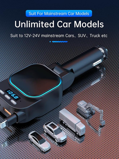 Retractable 96W Car Charger with Bluetooth 5.3 FM Transmitter for High Sound Quality, Easy Setup, 4-in-1 Fast Charging, Handsfree Calling, USB-C Adapter for iPhone 11-17