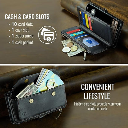 Strapurs Wallet Case Compatible with iPhone 16 Pro 6.3" RFID Blocking 10-Card Holder Soft PU Leather Magnetic Snap Shoulder Strap Zipper Pocket Phone Case Fit for iPhone 16 Pro for Women - Black