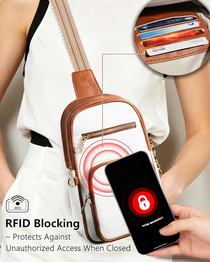 Anti Theft Crossbody Bags for Women,RFID Sling Bag Travel Purse,Vegan Leather Cross Body Purses Chest Bag for Travel(white＆Brown) | Multi-Pocket, Structured bag, Any Occasion