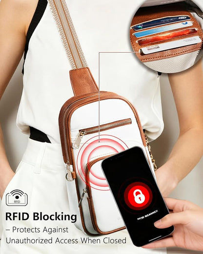 Anti Theft Crossbody Bags for Women,RFID Sling Bag Travel Purse,Vegan Leather Cross Body Purses Chest Bag for Travel(white＆Brown) | Multi-Pocket, Structured bag, Any Occasion