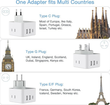 TESSAN All European UK Travel Plug Adapter Kit, International Detachable | 3 Outlets 3 USB Ports (1 USB C), Type C/G/E/F EU Ireland Power Adaptor, US to Europe Italy Spain France Greece