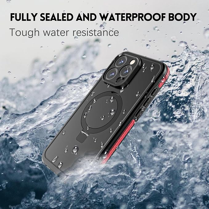 Omio for iPhone 15 Pro Max Waterproof Case with Stand Compatible with MagSafe, Full Body Magnetic IP68 Underwater Case Built-in Screen Protector Military Grade Shockproof Case for Men Women, Red