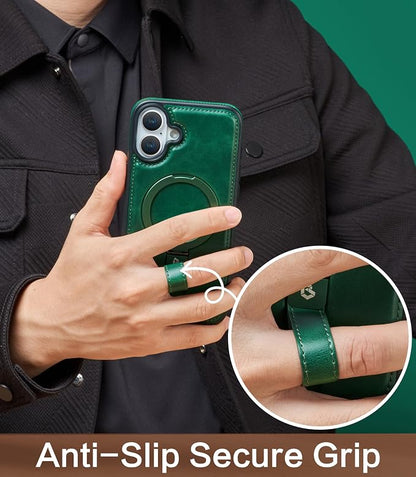 for iPhone 17 Leather Case with Stand, Anti-Slip Grip Ring, Fits for MagSafe (Green, iPhone 17)