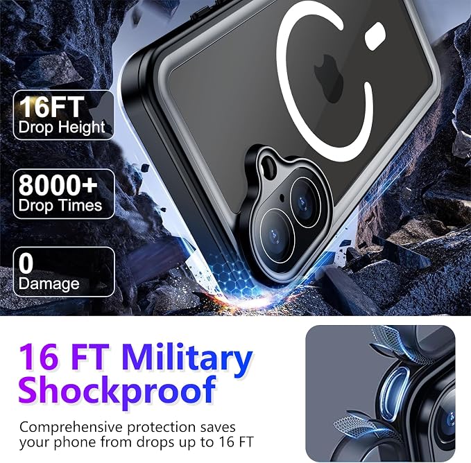 Temdan Magnetic Compatible with iPhone 17 Case,Waterproof Built-in Screen & Camera Protector IP68 Underwater Full Body 17FT Military Dropproof Shockproof Phone Case 6.3"-Mag/Black