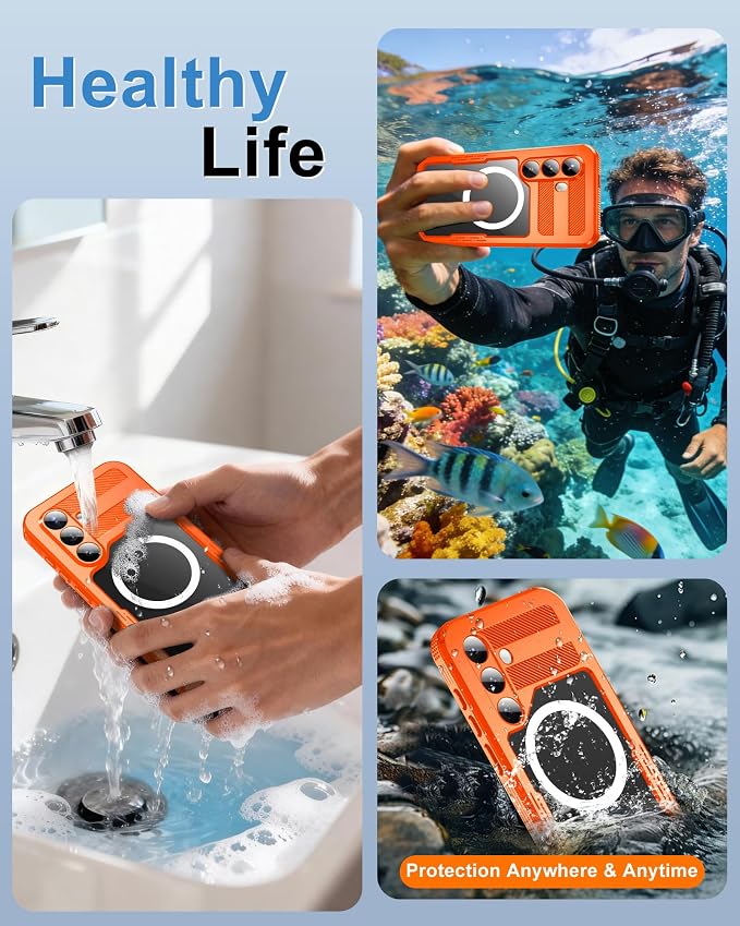 for Samsung Galaxy S26+ Plus Waterproof Case, [Fit for Magsafe] [IP68 Water Proof] [Built-in Screen Protector], Magnetic Heavy Duty Military Grade Rugged Phone Case for S 26+ Plus 6.7", Orange