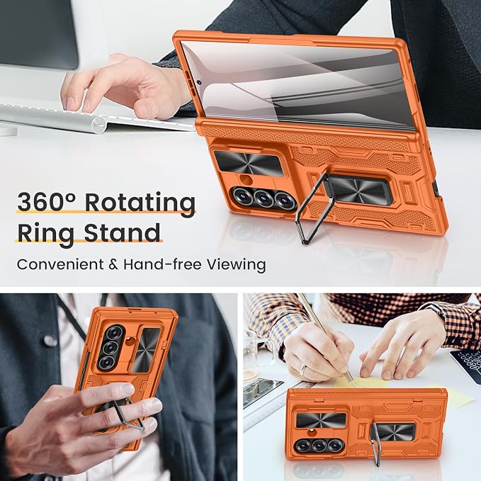 VEGO for Galaxy Z Fold 7 Phone Case with Screen Protector & Stand, Orange | Built-in Slide Lens Cover& Hinge Protection Heavy Duty Shockproof Drop Protection Rugged Hard Case for Samsung Z Fold 7