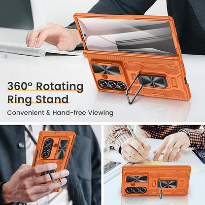 VEGO for Galaxy Z Fold 7 Phone Case with Screen Protector & Stand, Orange | Built-in Slide Lens Cover& Hinge Protection Heavy Duty Shockproof Drop Protection Rugged Hard Case for Samsung Z Fold 7