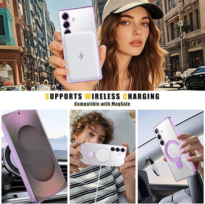 Magnetic Case for Samsung Galaxy S24 Case Stand & Ring Holder Compatible with MagSafe Built-in Camera Lens Protector Shockproof Phone Case for Samsung S24 - Purple