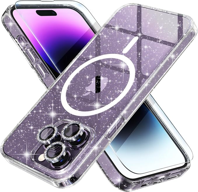 Choiche Magnetic Case for iPhone 14 Pro Case, Women Clear Glitter Bling Sparkly Case, [3xDiamond Camera Lens Protectors] [2xTempered Glass Screen Protectors] [Compatible MagSafe] (Glitter Clear)