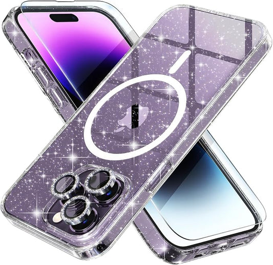 Choiche Magnetic Case for iPhone 14 Pro Case, Women Clear Glitter Bling Sparkly Case, [3xDiamond Camera Lens Protectors] [2xTempered Glass Screen Protectors] [Compatible MagSafe] (Glitter Clear)