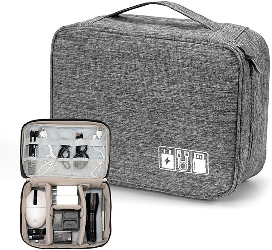 Cable Organizer bag for women or men,Electronic Accessories Carry Case Portable Waterproof Double Layers All-in-One Storage Bag for Cord, Charger, Phone, Earphone (Grey)